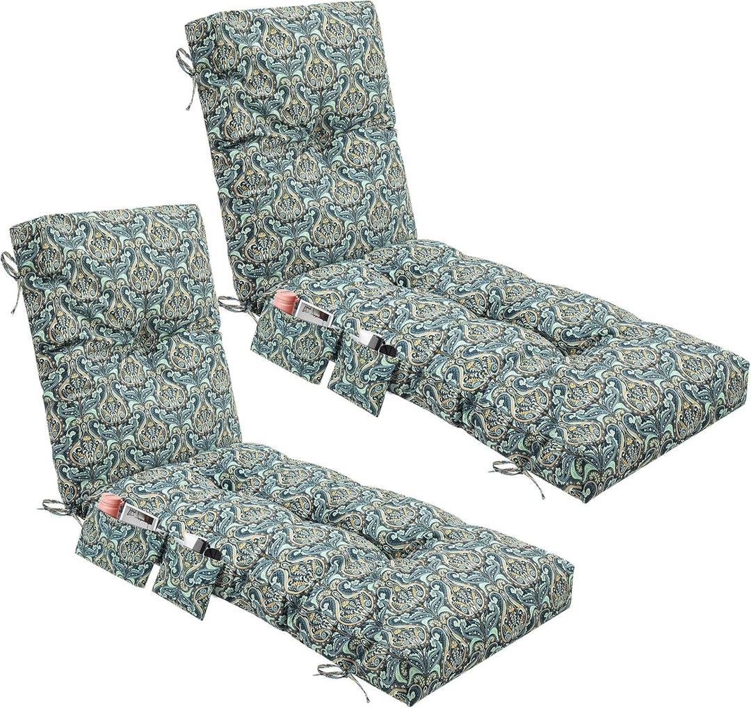 Kigley 2 Pcs Outdoor Chaise Lounge Cushions with Side Pocket 76x22x6 Thick Tufted Waterproof Patio Pool Lounge Chair Replacement Cushion Cyan Paisley Fade Resistant for Furniture Lawn, Patterned
