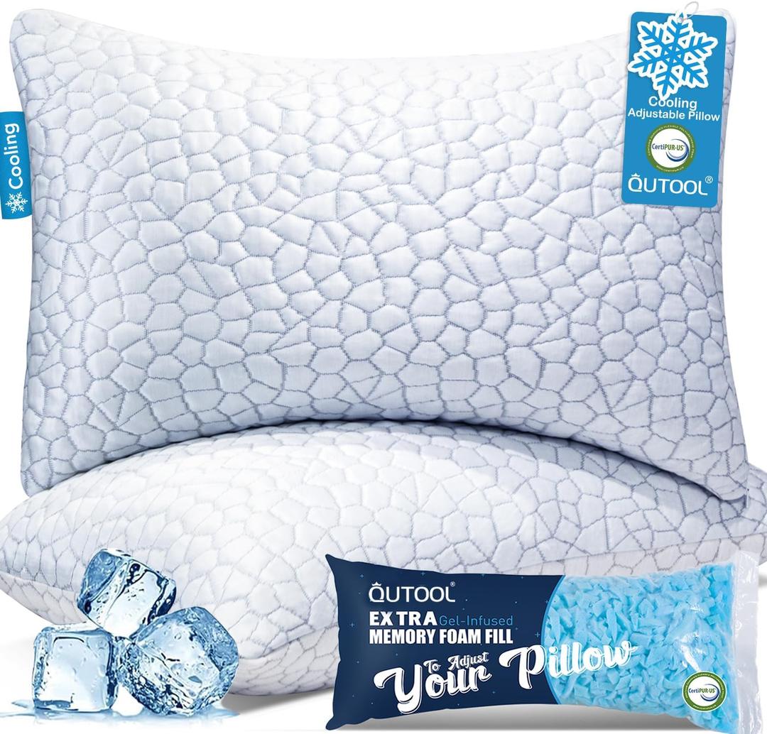 Cooling Pillow for Sleeping, CertiPUR-US Shredded Memory Foam Queen Pillows Set of 2, Cool Pillow for Hot Sleepers Adjustable Firm Pillow for Side, Back, Stomach Sleepers Soft Yet Support,White