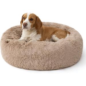 Bedsure SupportMax Calming Dog Bed Medium Size Dog - 30in Donut Round Washable Medium Pet Bed,Anti-SlipRemovable Cover,420GSM Anti-Anxiety Fluffy Plush Faux Fur,Fits up to 45 lbs Pets (Camel)