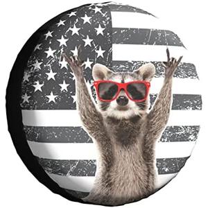 Funny Raccoon Spare Tire Cover Black White American Flag 17 Inch Wheel Protector for Truck SUV Trailer Camping Rv Tire Covers