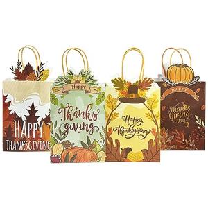 Fall Thanksgiving Paper Gift Bags with Handles Bulk Small Pumpkin Treat Bags Autumn Kraft Paper for Holiday Wedding Birthday Party Supplies (24PCS 6.1"×9.8"×3.1")
