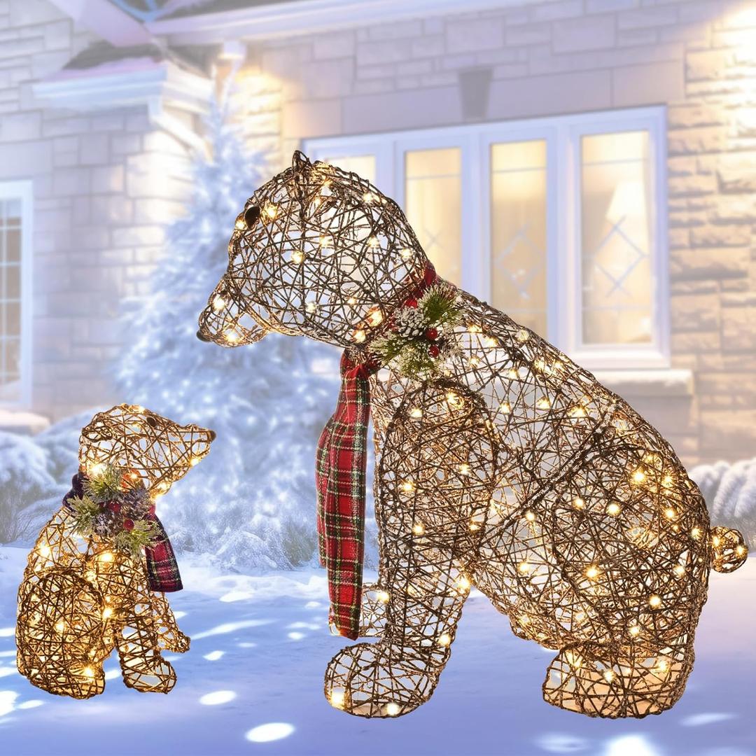 Lighted Rattan Polar Bear Family 2PCS - Large All-Weather Light Up Outdoor Christmas Dcor for Front Yard and Lawn with 140 LED Lights, Zip Ties, Extension Cord, and Ground Stakes