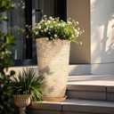 QCQHDU Set of 2 9 Gallon Tall Large planters for Outdoor/Indoor Plants of 12" Dia x 21" H Round Flower Pots Set Faux Stone Finish Front Door Patio Square Porch Planters with Tray, Beige