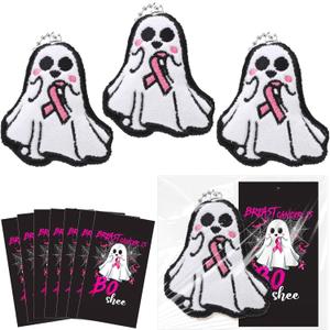 Hotop 30 Sets Breast Cancer Awareness Gifts Ghost Plush Keychains, Halloween Boo with Cards and Bags Pink Ribbons Motivational Gifts for Women Breast Cancer Decoration Party Favor Gift Supplies