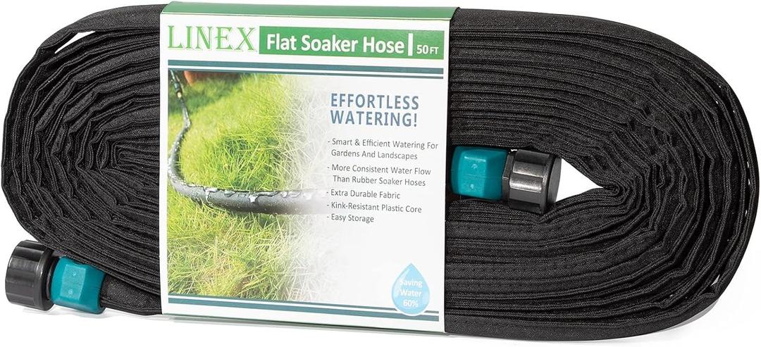 LINEX Flat Soaker Hose 100 ft for Garden Beds, 1/2'' x 50 ft 2 Pack Drip Irrigation Hoses Save Water 80% Heavy Duty for Vegetable