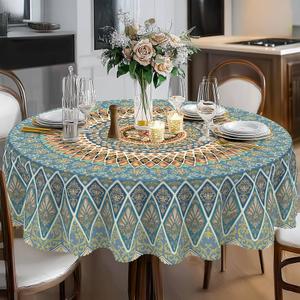 Eikione Bohemia Round Tablecloth,Tablecloth Waterproof and Wrinkle-Free, Boho Table Covers, Summer Decorations for Home 70inch (Pulis)
