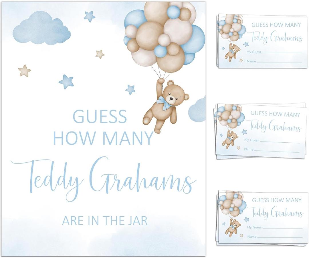 noxozoqm We Can Bearly Wait Baby Shower Games Guess How Many Bear Game Sign and String Card for 50 Guests for Boys Baby Shower, routine, Blue