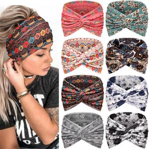 Awumbuk Wide Headbands for Women, 7.08 Inch Thick Boho Turban Style Hair Wraps, Non-Slip Moisture-Wicking Workout Headband for Sports, Yoga, Daily Fashion, 8 Pack Multi Colors (rose pink)