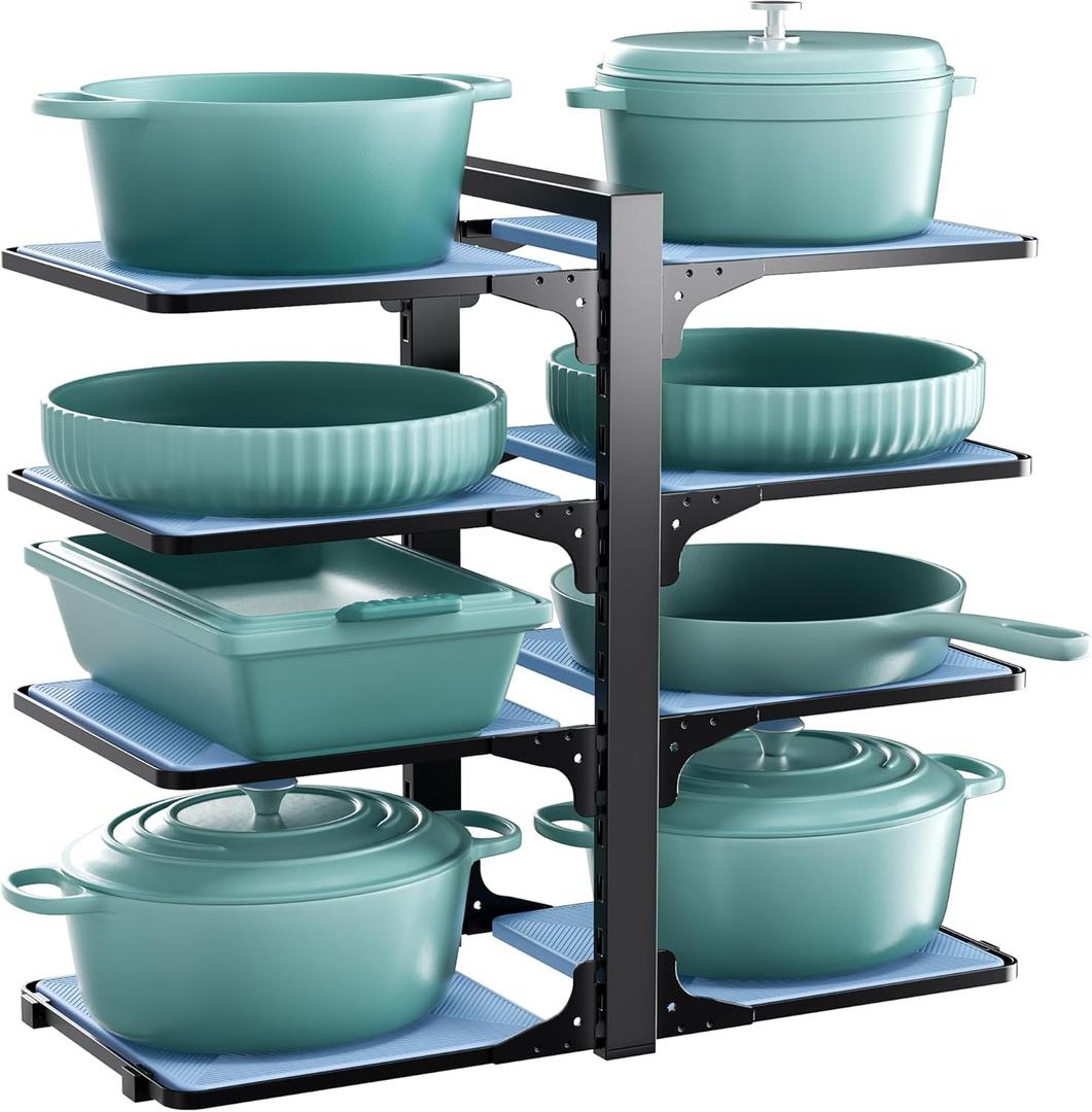 LAMU Pots and Pans Organizer Rack for under Cabinet, 8 Adjustable Tiers Pan Pot Organizers inside Cabinet with 15" Height, Heavy-Duty Kitchen Organization and Storage Holds up to 12" Cookware, Black
