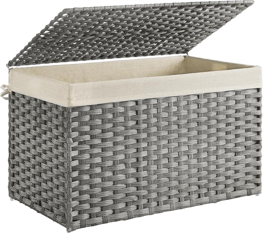 SONGMICS Storage Basket with Lid, Woven Blanket Storage Bin with Handles, Foldable, Removable Liner, Metal Frame, for Bedroom, Laundry Room, 42.3 Gallons (160 L), Gray URST76WG