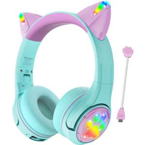 Riwbox CF9 Cat Ear Kids Bluetooth Headphones with LED Light Up,Safe 85dB Volume Limit,Built-in Mic&Boom Mic for Calls,Kids Wireless&Wired Headphones for Tablet/Airplane/School/Online Learning (Green)