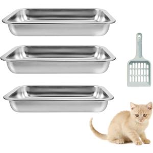 3 Pcs Kitten Litter Box with 1 Scoop,Stainless Steel Small Litter Box, 12.4"8.4"1.37" Metal Litter Pan, Small Litter Pan for Little Cats Kittens, Easy Cleaning