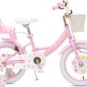 Bixike Girls Bike with Basket for Toddlers and Kids, Pink & White, 16 Inch With Doll Seat With Training Wheels & Doll Seat, 20 Inch with Kickstand & Rear Rack, Princess Style Bicycle for Gift.