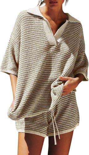 Tankaneo Womens Sweater Set 2 Piece Outfits Oversized 3/4 Sleeve V Neck Knit Tops High Waisted Shorts Lounge Sets, XS
