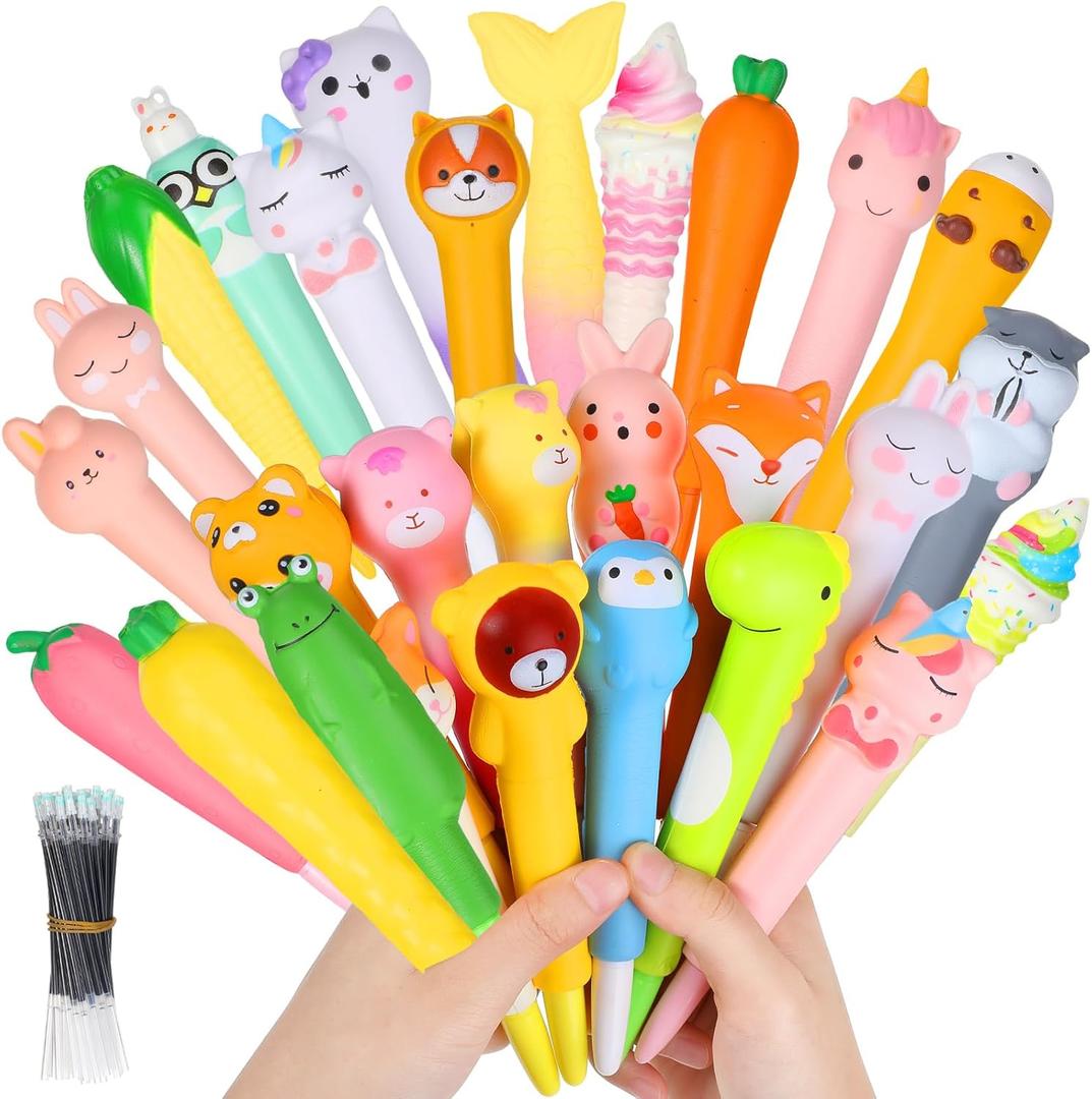 PerKoop 40 Pcs Squishy Pens Squeeze Kawaii with Refills Squeeze Stress School Store Supplies Cartoon Animal Stationary Gel Ink with 40 Replacement Refills Accessories