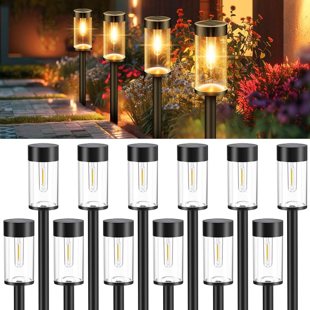 Woolmug Solar Pathway Lights, 12 Packs LED Solar Light Outdoor Waterproof, Auto On/Off Path Lights for Walkway Outside Yard Lawn Sidewalk Landscape (Warm White)