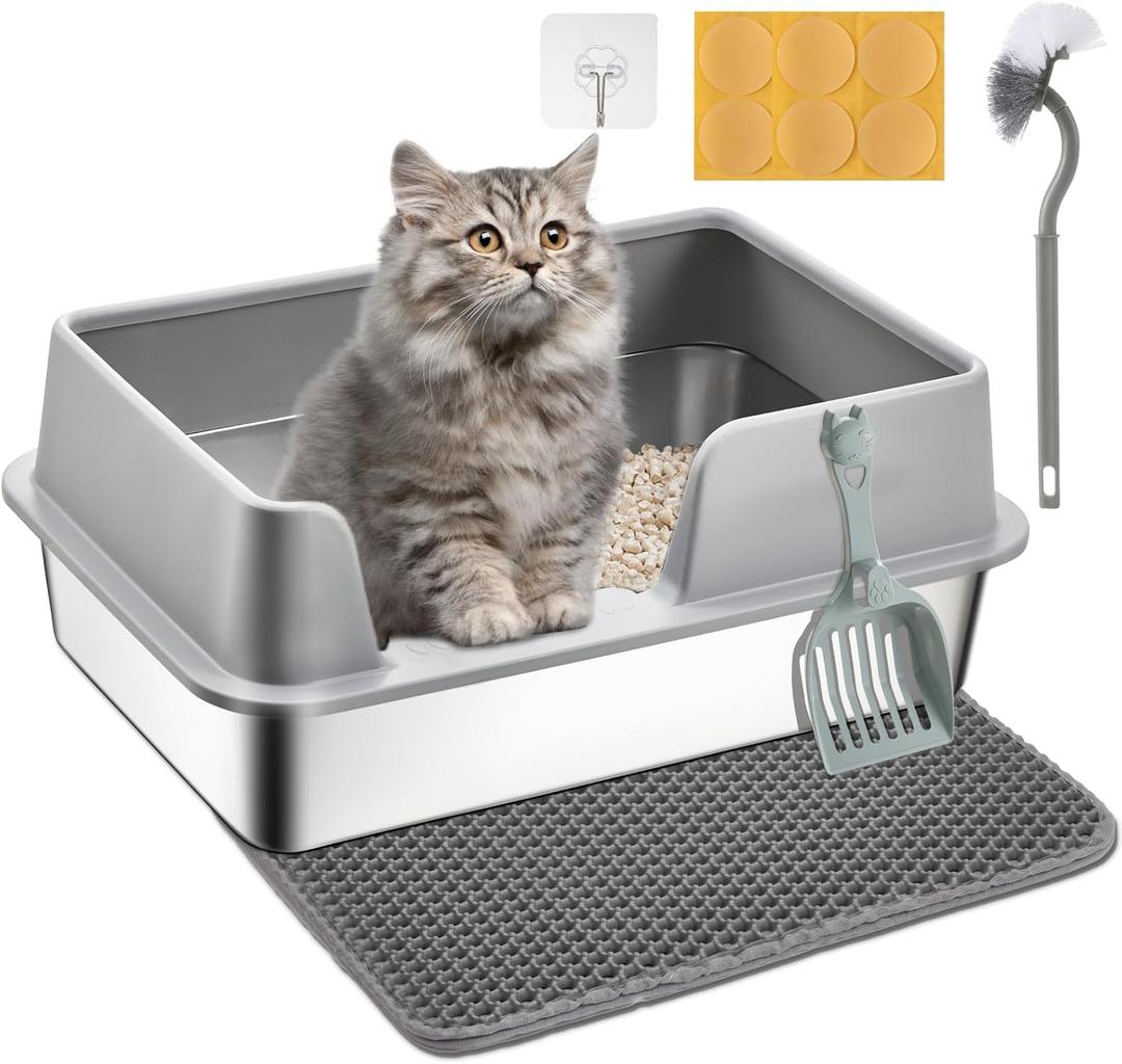 Stainless Steel Litter Box - Cat Metal Litter Box with Splash-Proof Lid, Easy Cleaning & Odor-Less with Double Layer Litter Mat, Litter Scoop, Brush, 20 x14