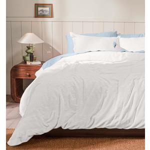 RUVANTI 100% Cotton Waffle Weave Queen Duvet Cover Set - Pre-Washed Soft Cozy Textured Bedding, 3-Piece, 8 Corner Ties, Breathable, Coconut White (Stripe)