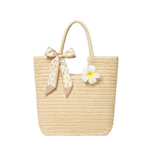 Straw Tote Bag for Women, Large Summer Beach Bag with Polka Dot Scarf & Plumeria Flower (beige)