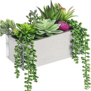Der Rose 11 Inch Fake Plants Succulents Plants Artificial Cactus Plants in Wood Pots for Farmhouse Bathroom Decor