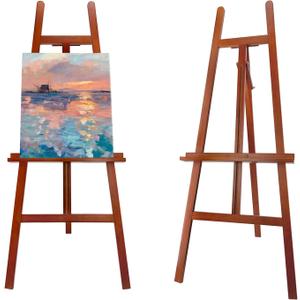 Large A-Frame Wooden Painting Display Walnut Easel, Large Adjustable Pine Wood Standing Easel Holding Canvas Up to 60'', Solid Wood for Display, Wedding Sign or Painting-Walnut