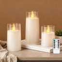 Raycare Flameless Electronic Pillar Candles with Remote Control and Timer- Battery Operated Realistic Flickering LED Fake Candle for Home, Wedding, Valentine's Day Decor, White,Set of 3(3"x4"5" 6")