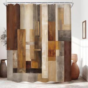 KOMLLEX Brown Shower Curtain 60Wx72H Inches, Rustic Tan Abstarct Shower Curtains for Bathroom, Retro Wooden Block Geometric Farmhouse Bathroom Curtains Fabric Waterproof Polyester 12 Hooks