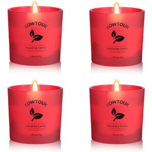 Set of 4 White Unscented Soy Candles, Red Glass Filled Votive Candles, Hand Poured Wax Candle for Home Décor Aromatherapy Spa Holidays Party and Weddings