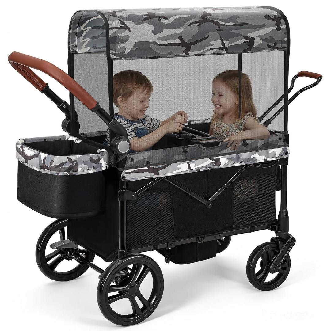 ELEMARA All-Terrain Stroller Wagon for 2 Kids, Foldable Kids Wagon Stroller Includes Removable Canopy, Mosquito net, Adjustable Push Pull Handle, Snack Tray & Cup Holders, Storage Basket, Black + White