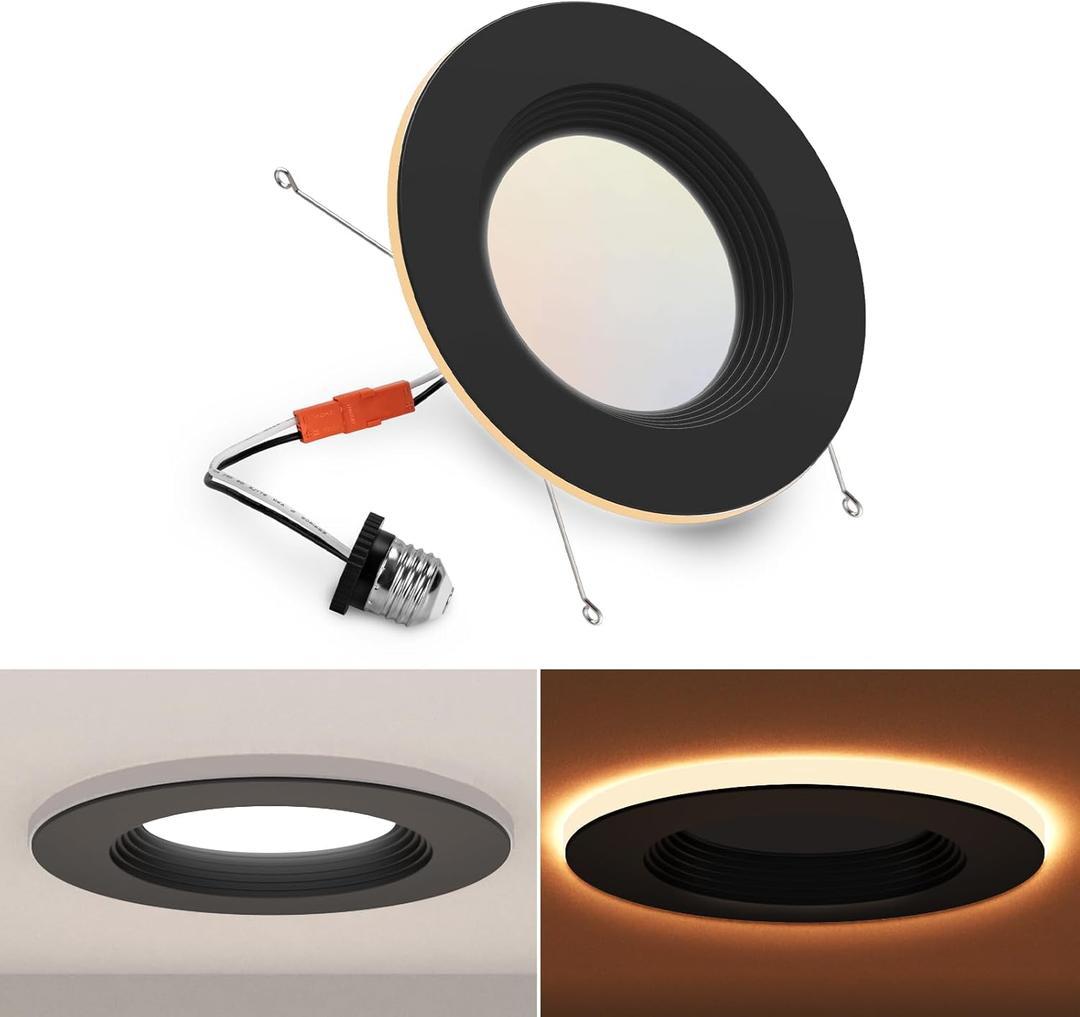 POWERASIA 1 Pack Black 5/6 Inch LED Can Lights with Night Light, 5CCT Retrofit Recessed Lighting Selectable 2700K-6000K Dimmable, 12W=75W, 1200LM Downlight with Metal Smooth Trim-ETL and Energy Star (5CCT+NT-BK)