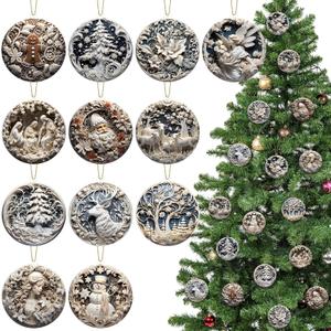 12 Pcs 3 Inch Christmas Nativity Scene Ornaments White 3D Embossed Look Ornament Santa Claus Snowman Gingerbread Tree Acrylic Double Sided Hanging Decor for Xmas Tree Gift(Vintage Design)