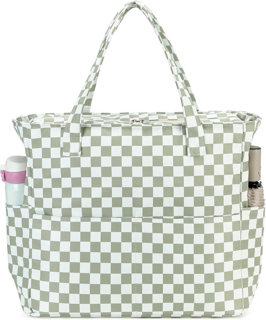 Waterproof Beach Tote Pool Bags for Women Ladies Extra Large Gym Tote Carry On Bag With Wet Compartment for Weekender Travel (Grass Green White Grid)