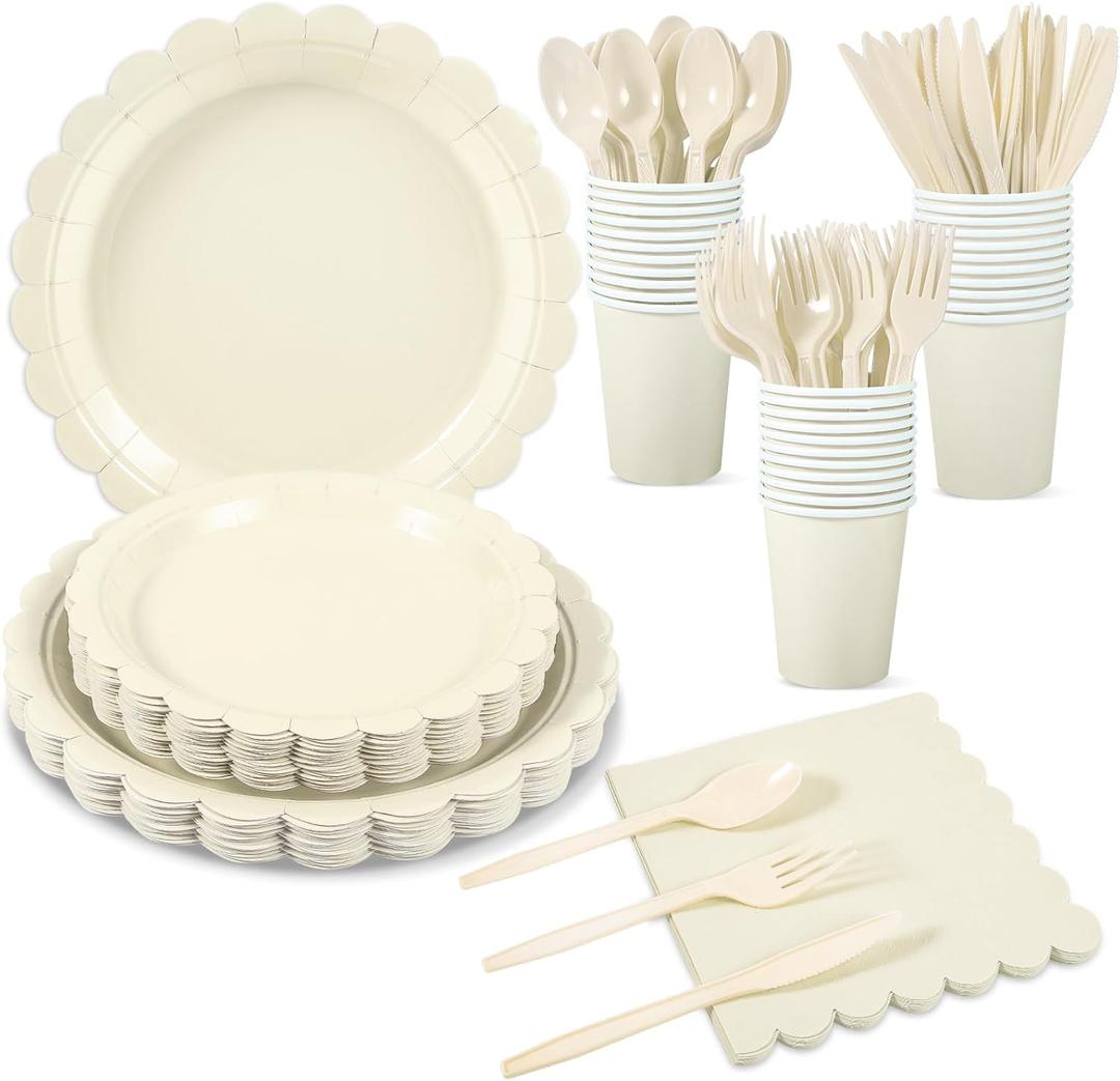 175 Pcs Ivory Paper Plates and Napkins, Beige Party Supplies Include Scalloped Cream Plates Napkin Cup Plastic Cutlery for Wedding, Bridal&Baby Shower, Birthday