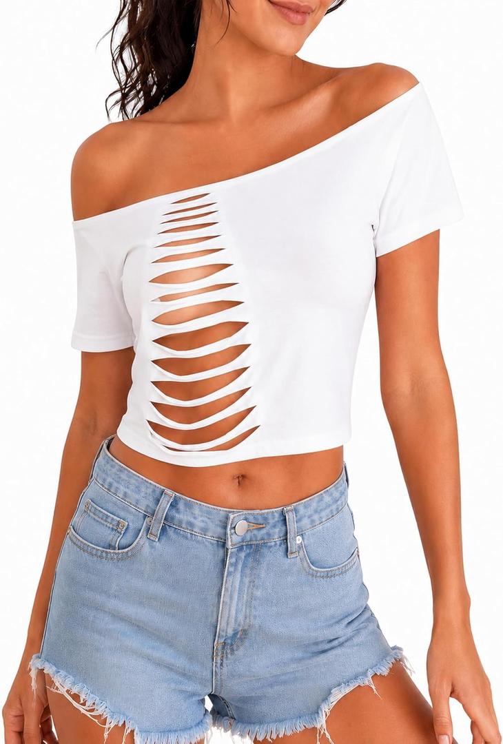 Hilinker Women Off The Shoulder Crop Tops Sexy Cut Out Ripped Short Sleeve Cropped T Shirts (White, M)
