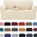 2025 New Stretch Loveseat Sofa Slipcovers Couch Cover for 2 Cushion Furniture Protector Sofa Covers with Elastic Bottom Jacquard Fabric Small Checks for Pets, Kids - Beige