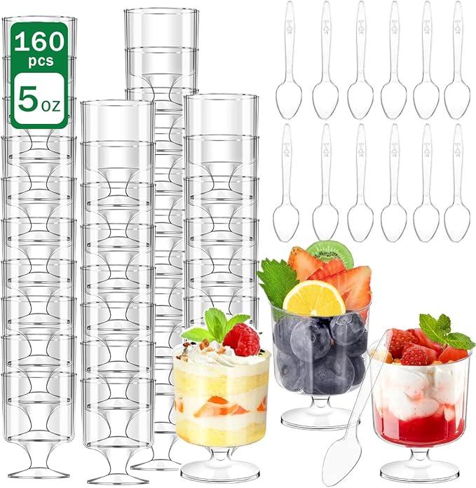 Artuxer  Packs Dessert Cups with Spoons,  OZ Goblet Mini Clear Plastic Dessert Parfait Cup for Party Serving Cups Fruit Ice Cream Mousse Pudding Appetizer Cup Bowl for Birthday,Party,Wedding