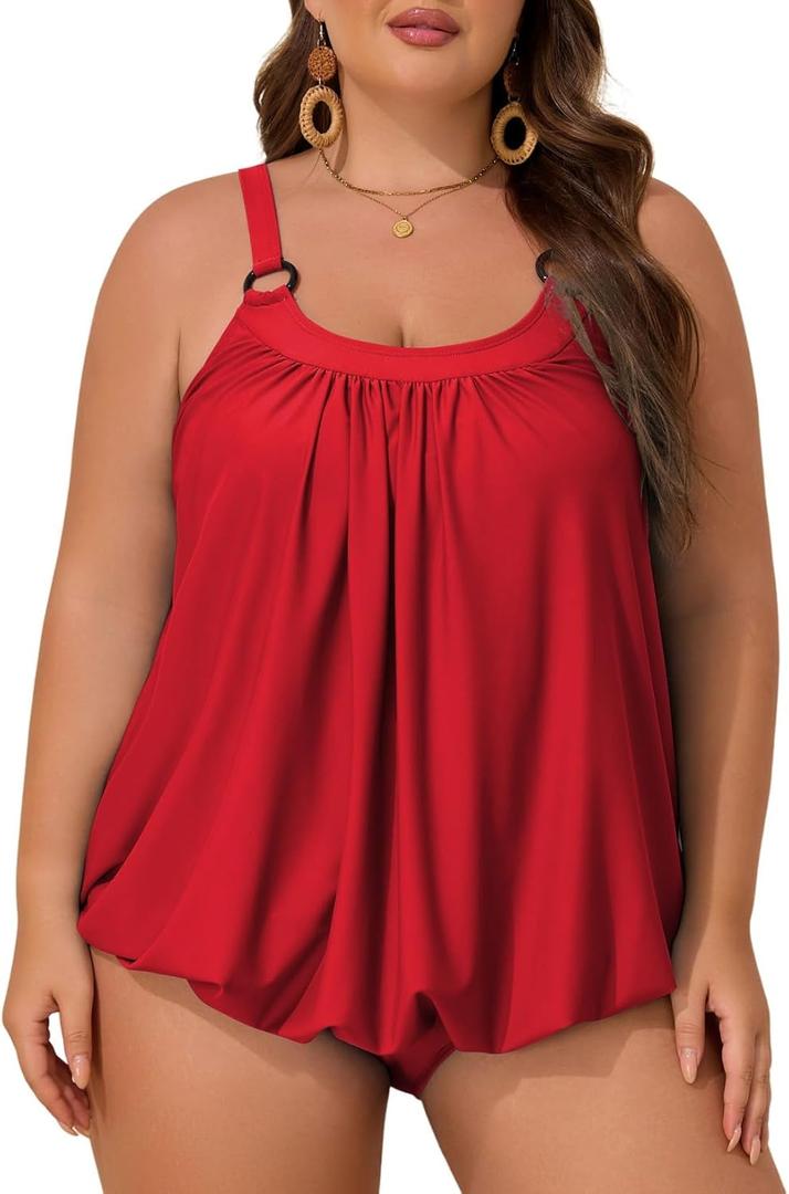 Aleumdr Plus Size Tankini Swimsuit for Women 2 Piece Tummy Control Bathing Suit Blouson Flowy Swim Dress with Bottom (XX-Large, Fiery Red)