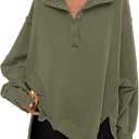 ANRABESS Women's Sweatshirts Oversized Casual Loose Button Up Henley Pullover Top High Low Split 2025 Fall Fashion Outfits (Medium, Army Green)