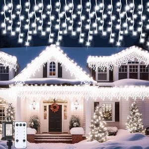Aurelema 118 ft 1248 LED Christmas Outdoor Icicle Lights LED Fairy String Hanging Lights Waterproof with 8 Modes Timer for Christmas Decorations Wedding Holiday Party Roof Yard, White