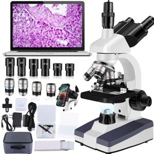 Trinocular Microscope 40X-5000X Magnification Microscope for Adults, Laboratory Grade with Dual Mechanical Stage and HD USB Camera