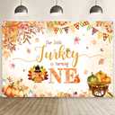 MEHOFOND 7x5ft Thanksgiving Birthday Backdrop, Our Little Turkey is Turning One Birthday Banner, Fall Pumpkin Maple 1st Party Decorations, Autumn Turkey First Birthday Party Decor Photo Props