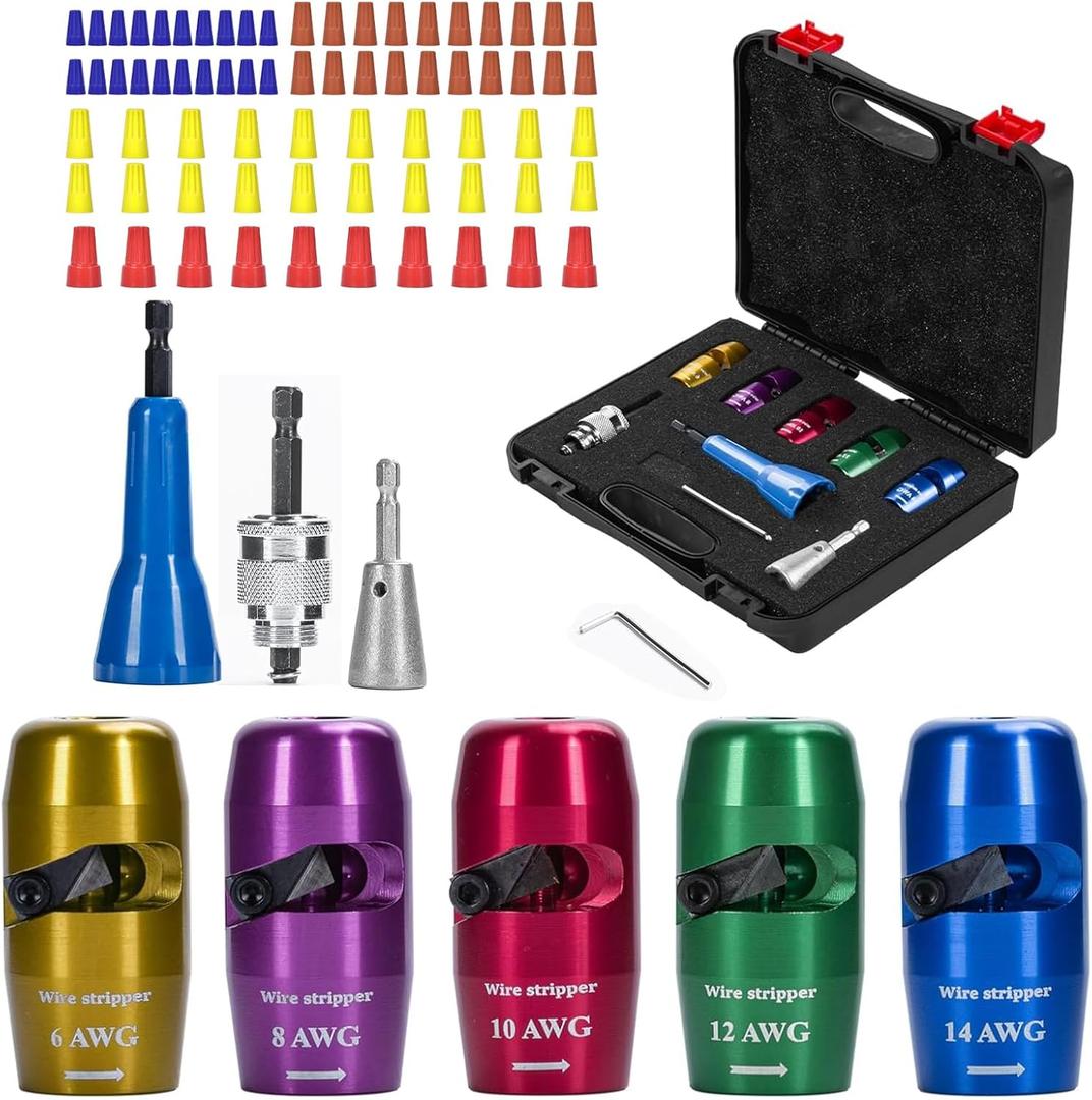 Wire Stripper Twister Tool for Drill, 2026 Upgraded Wire Stripping Tool & Wire Twisting Connector for Cutters 6-14 AWG, 8 In 1 Professional Electrician Twister Stripping Tool with 70 PCS Wire Nut
