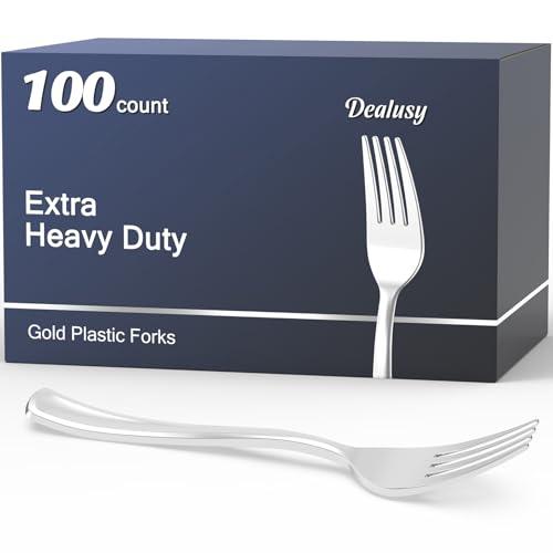 Dealusy 100 Count Heavy Duty Silver Plastic Forks Disposable, BPA-Free, Heat Resistant, Solid and Durable Premium Plastic Disposable Forks for Party Supply