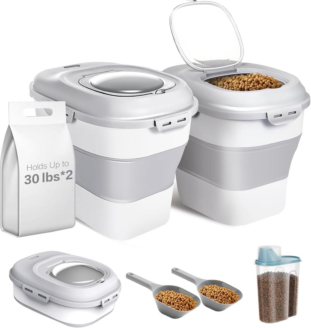 ANVS 2 Pack Dog Food Storage Container - Collapsible Dog Food Container with Airtight Lids, Scoop and 2.5L Small Pet Food Storage Container Dry Food For Dog, Cat and Other Pet Food (Grey, 30lbs) ANVS 2 Pack Dog Food Storage Container - Collapsible Dog Food Container with Airtight Lids, Scoop and 2.5L Small Pet Food Storage Container Dry Food For Dog, Cat and Other Pet Food (Grey, 30lbs)