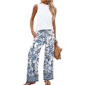 WIHOLL Two Piece Set for Women Summer Spring Outfits Cruise Travel Airport Beach Vacation Mock Neck Wide Leg Pants Set.XL