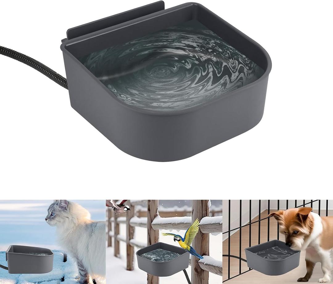 Namsan Heated Water Bowl for Cats Outdoor/Indoor, 1L Rabbit Thermal Bowls, Prevents Freezing, Hanging Heated Cage Bowl for Chicken, Birds, Small Dogs, Self-Assembly, Grey