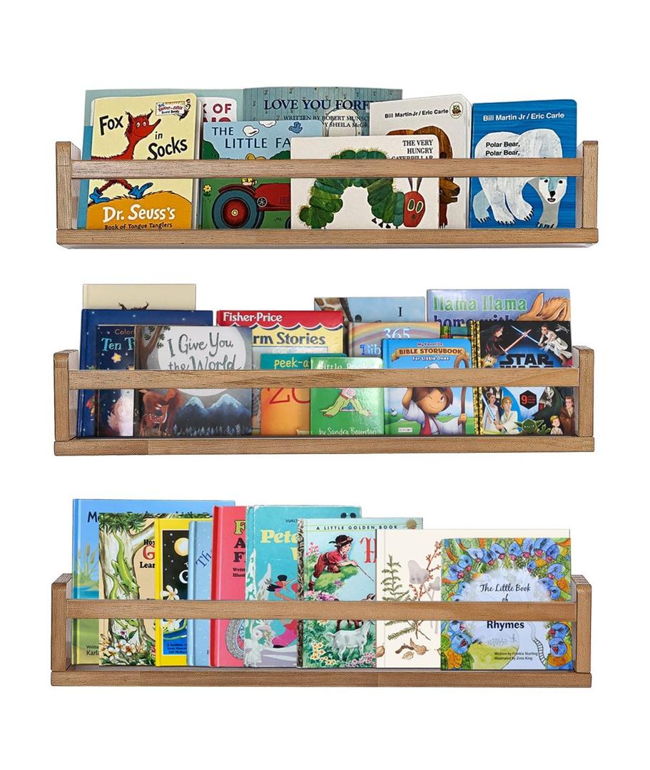 AZSKY Nursery Shelves Light Walnut Floating Book Shelf Organizer for Baby Nursery Décor Wall Book Shelves for Kids Room 24 Inch Wood Wall Ledge Shelves for Bathroom Kitchen Spice Rack a Set of 3