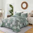 Mybedsoul Sage Green Boho King Quilt Set, 3-Piece Reversible Soft Plaid Floral Bedding Set with 2 Pillow Shams - Sage Green King Size Quilt Bedspread Coverlet Set 90"x104"