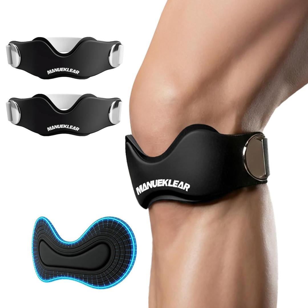 MANUEKLEAR V-Shaped Patella Bands, Adjustable Flex Wrap Patellar Tendon Support Strap for Men Women, Silicone Patella Knee Straps Suitable for Pain Relief Running Hiking Basketball, (2pcs) (Black)