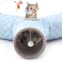 Tempcore Cat Tunnels for Indoor Cats Fleece-Lined in for Warmth, Pet Tube Toys 3 Way Collapsible, Pet Play Tunnel with Peek Hole Toy Ball for Kitty, Kitten, Rabbit, Geometry Blue